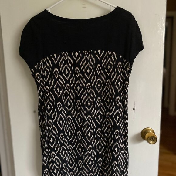 MEADOW RUE Black White Geometric Print Short Sleeve Boho Top Tunic Blouse - L - Picture 2 of 2